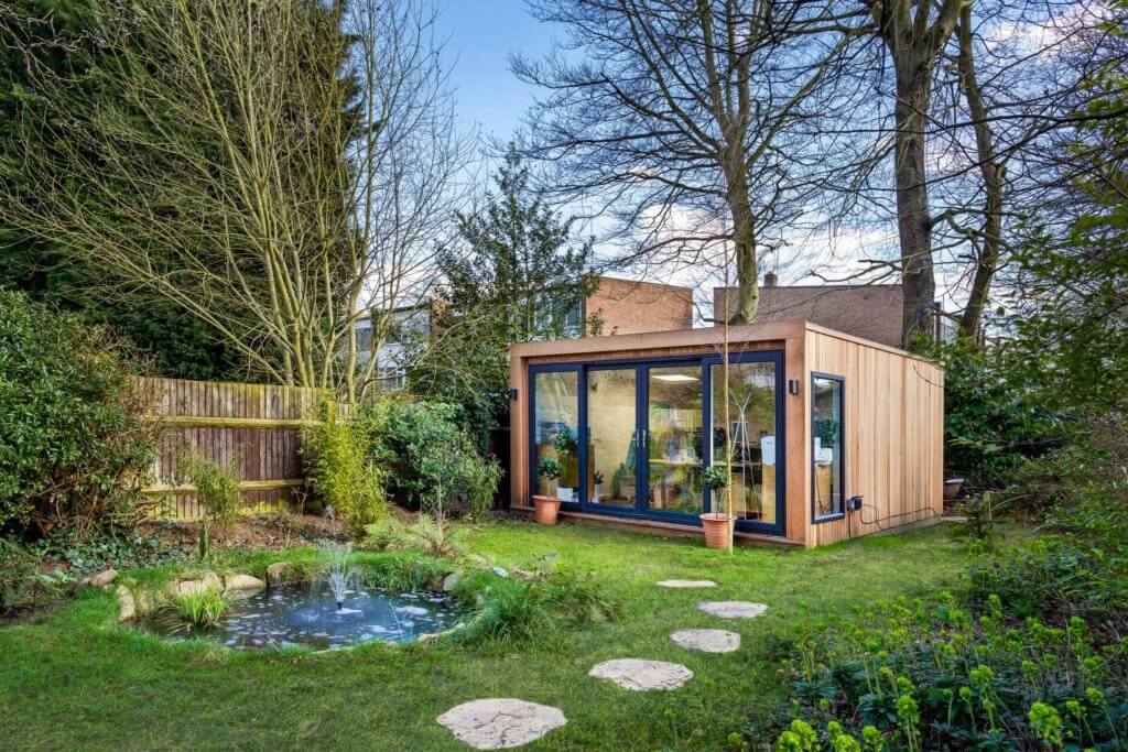 garden room with pond