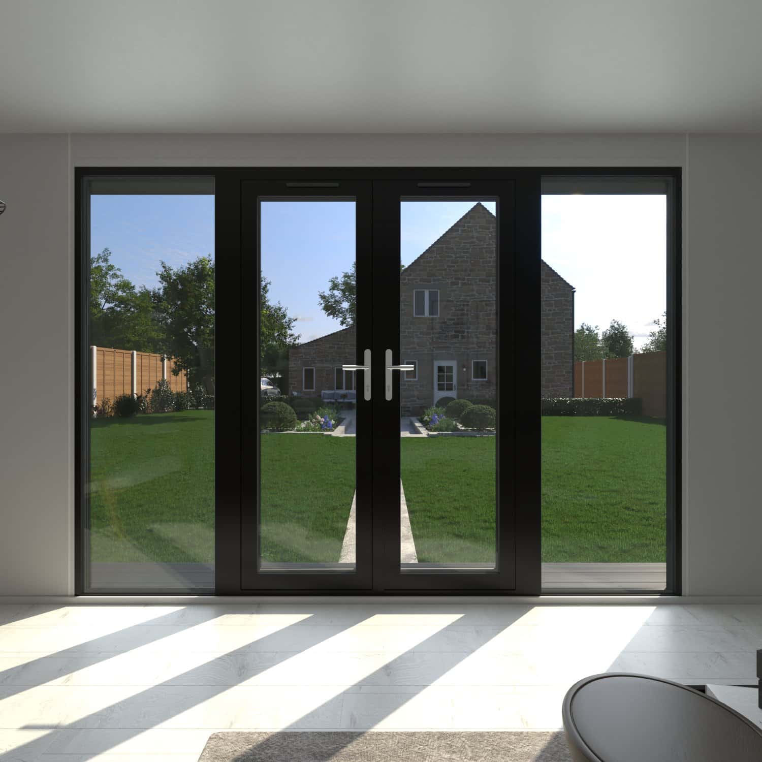 inside of a garden room show new french doors