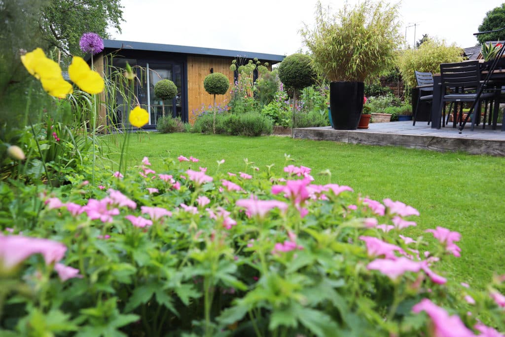 Low long shot photo of garden room with purple and yellow flowers in focus closer to lense