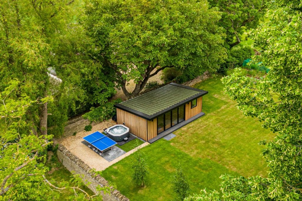 Aerial shot of garden room in a countryside setting