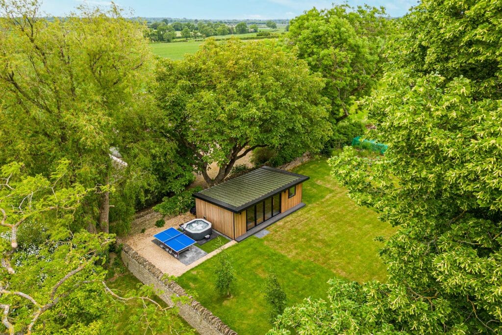 Aerial shot of garden room in a countryside setting
