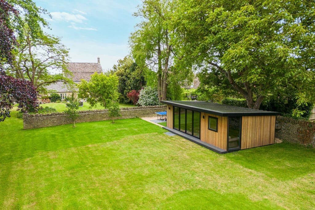areal angled shot showing a garden room in a residential countryside home