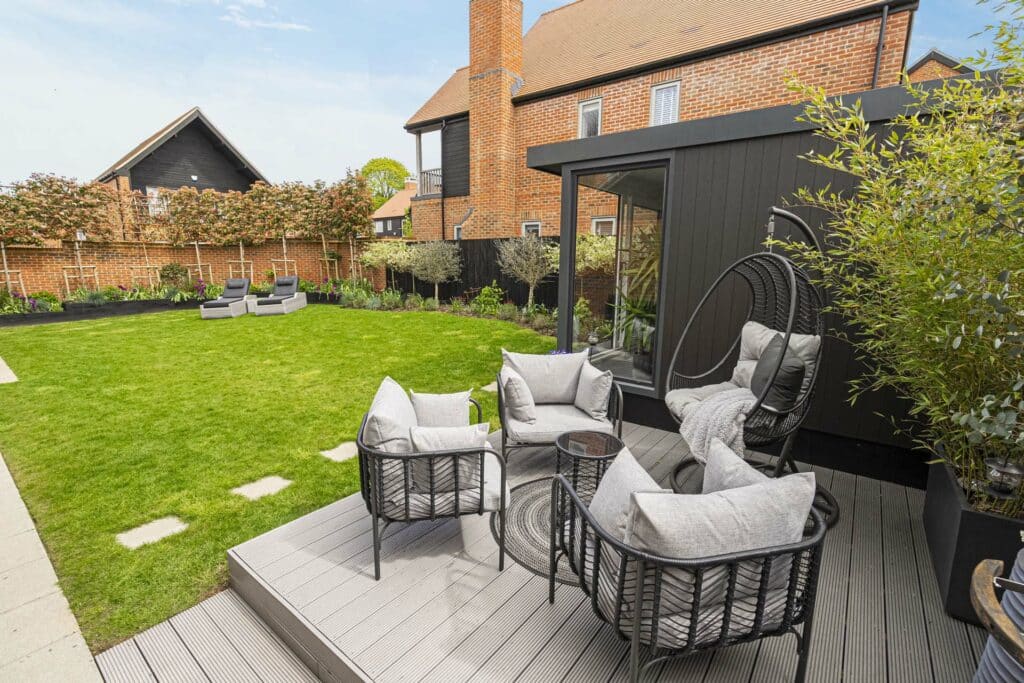 garden with seating area and decking