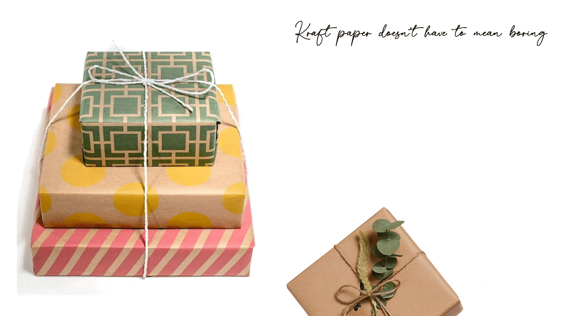 Split image of gifts wrapped in kraft paper