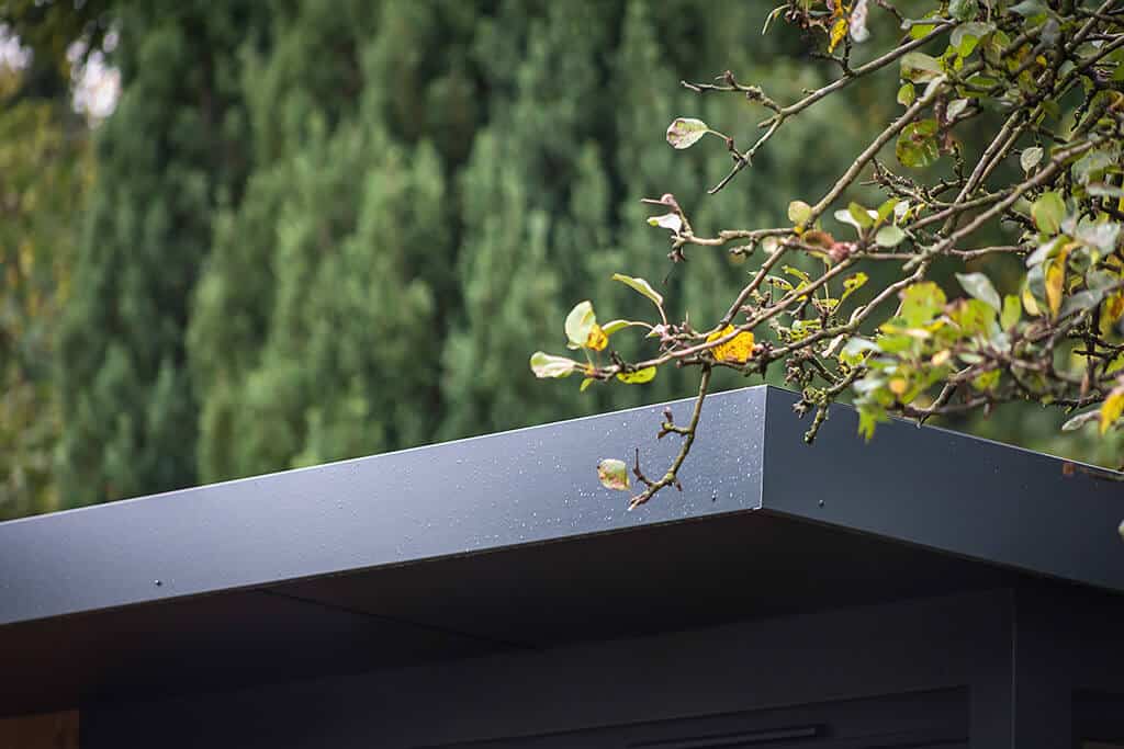 Close up of garden room graphite corner with tree leaves in the corner.