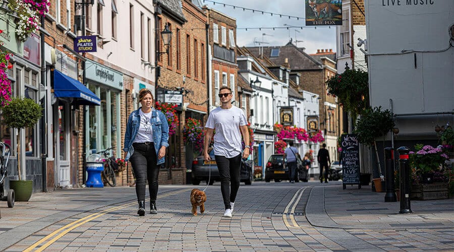 people and dog walking down Twickenham highstreet