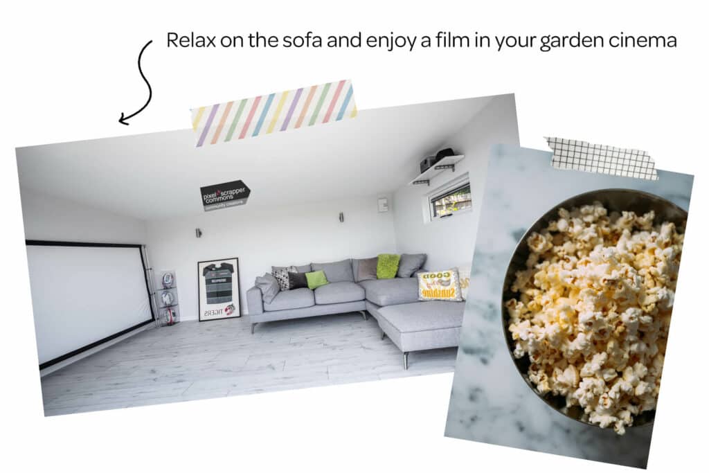 Collage of a garden cinema and popcorn