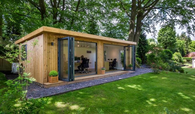 large garden office in a naturalistic garden setting
