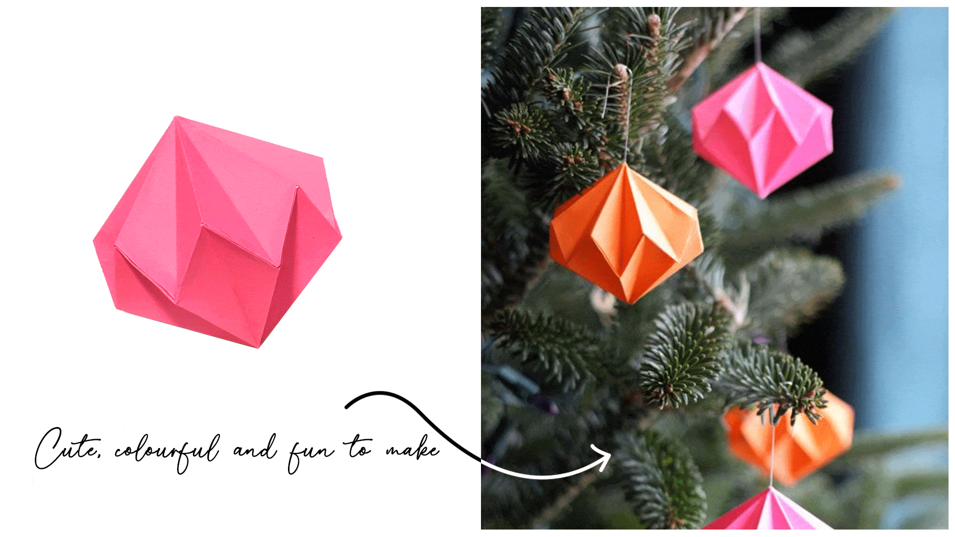 Split image of colourful paper ornaments