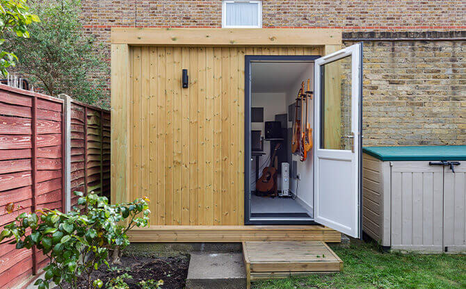 small garden room used as a music studio