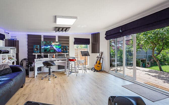 soundproof garden room interior with recording studio