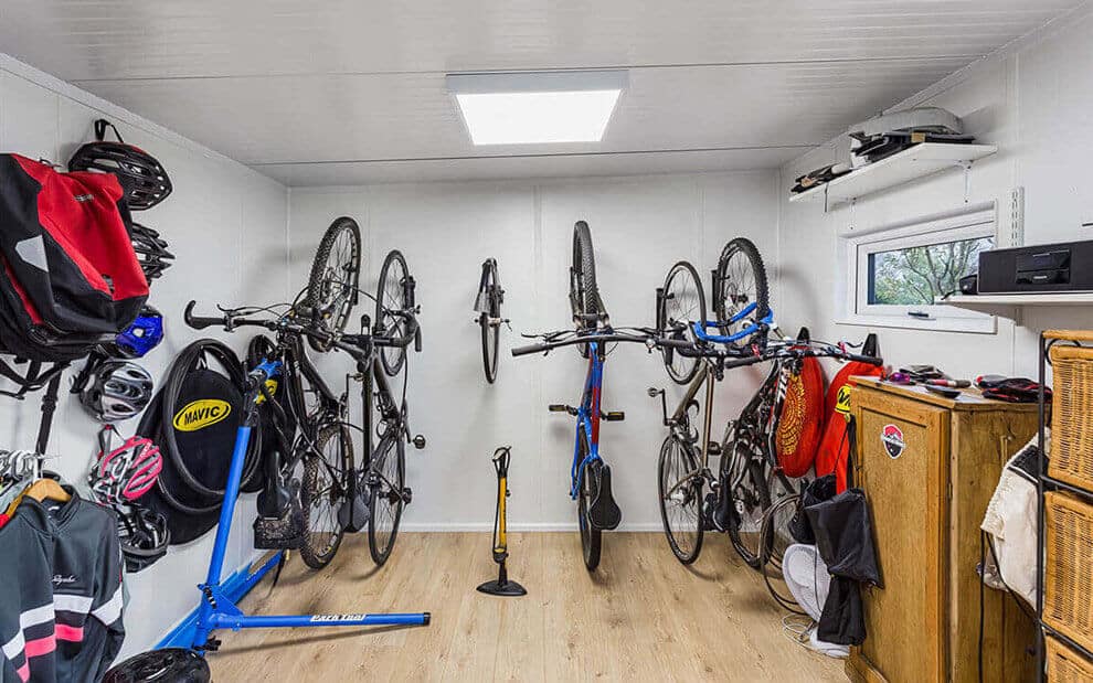 Bike storage inside a garden office from Green Retreats